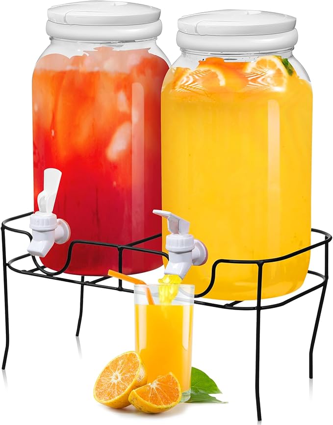 Tanlade 2 Pcs Plastic Drink Dispenser with Stand Beverage Dispenser with Sturdy Metal Base Juice Dispensers for Parties Lemonade Jar with Spigot for Weddings Countertop Water Tea, Each 1 Gallon