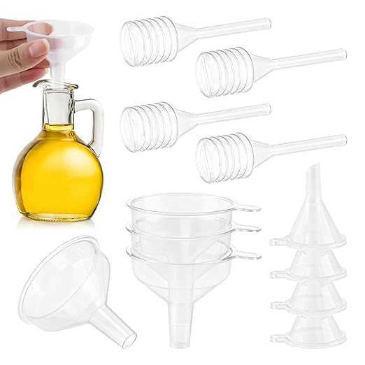 Mini Funnel Kit, 12-Piece Set: 8 Small Funnels (2 Sizes) + 4 Mini Droppers, Food-Grade PP Funnels for Filling Small Bottles, Oils, Spices and Perfume
