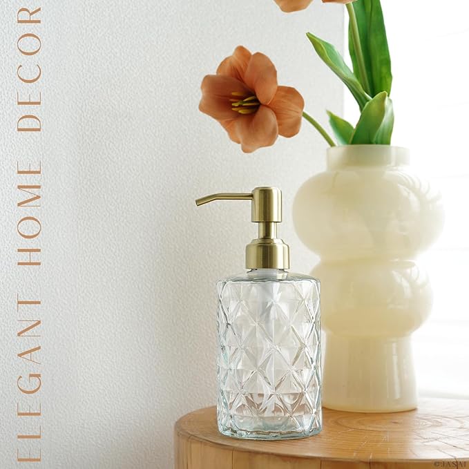 JASAI Diamond Design Glass Soap Dispenser with Golden Pump, Refillable Hand soap Dispenser for Kitchen, Soap Dispenser Bathroom for Soap, Hand soap, Dish Soap, Lotion. - Image 7