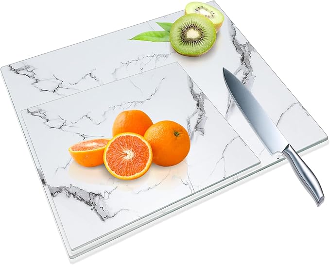 JAMBALAY Tempered Glass Cutting Boards for Kitchen, White 12"x8" & 16"x12" Glass Cutting Board Set with Marble Design, With Non Slip Foot, Shatter and Heat Resistant, Dishwasher Safe