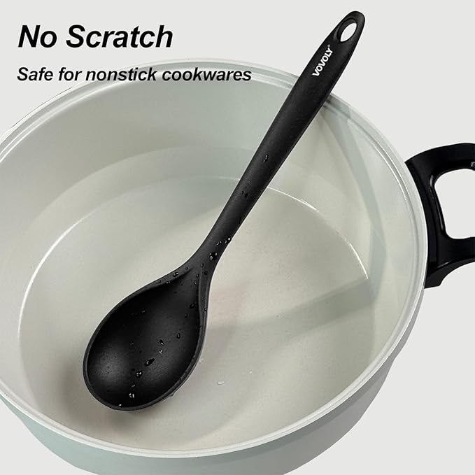 Silicone Spoons for Cooking - Kitchen Spoons for Mixing, Serving, & Stirring - 600°F Heat-Resistant Non Stick Utensils Ladle & Skimmer- Dishwasher Safe, Black,10.3IN