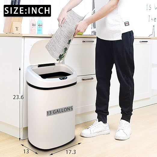 Dkeli Kitchen Trash Can for Bathroom Bedroom Home Office Automatic Touch Free High-Capacity Garbage Can with Lid Brushed Stainless Steel Waste Bin 13 Gallon / 50L - White