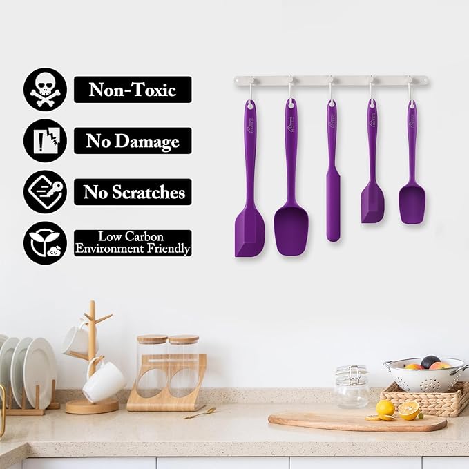 HOTEC 600℉ Heat Resistant BPA-Free Silicone Rubber Spatula Set for Baking, Cooking, and Mixing Non Stick Dishwasher Safe, Purple Set of 5 - Image 7
