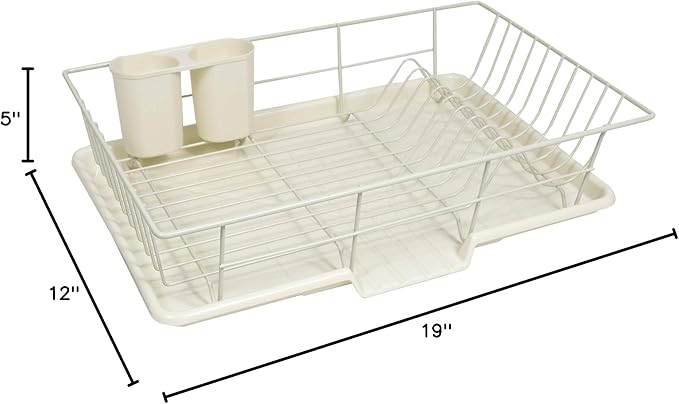 Sweet Home Collection Metal, Plasic 3 Piece Dish Drainer Rack Set with Drying Board and Utensil Holder, 12" x 19" x 5", Ivory
