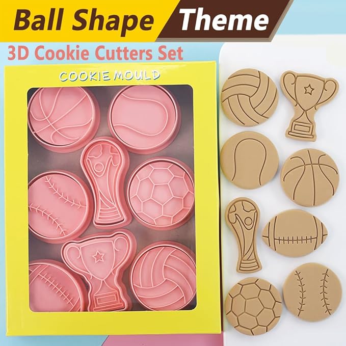 Ball Shape Cookie Cutters Set, 8-PCS 3D Football, Basketball, Baseball, Volleyball, Soccer, Tennis Cookie Cutters for Party Baking and Decoration