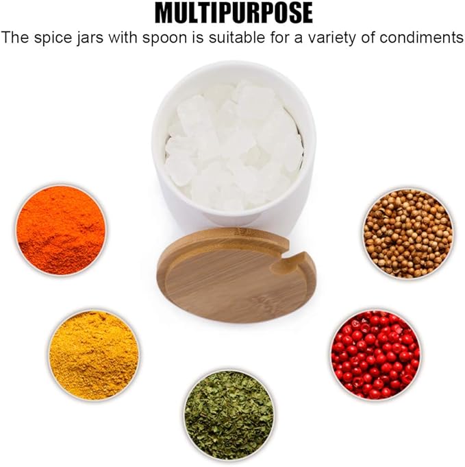 Ceramic Sugar Bowls with Bamboo Lids and Spoons-June Sky Muti-Functional Round Condiment Jar for Home- Spice Storage Canister,10.8 oz 320 ML,3 Pcs Set