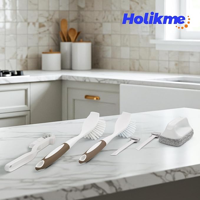 Holikme Cleaning Brush Set, Scouring Pad for Cleaning, Groove Gap Brushes for Pot, Pan, Kitchen Sink, Wire Brushes (Brown) - Image 7