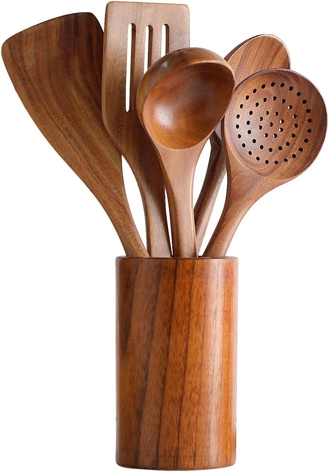 6Pcs Wooden Spoons for Cooking, Wood Kitchen Utensil Set with Holder, Natural Acacia Wood, Heat Resistant, Non-Stick, Wooden Cooking Utensils Set for Mom, Wife Cooking Gifts