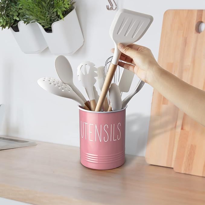 Bivvclaz Kitchen Utensil Holder - 6.7" Utensil Holder for Kitchen Counter - Cooking Utensil Crock with Cork Bottom - Pink Decor and Accessories - Utensil Storage Caddy Organizer - Image 7