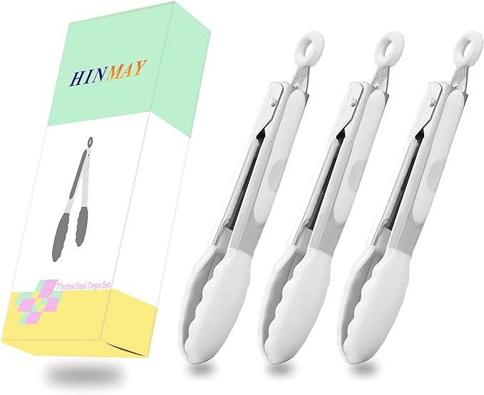 HINMAY Mini Tongs with Silicone Tips 7-Inch Serving Tongs, Set of 3 (White) - Image 7
