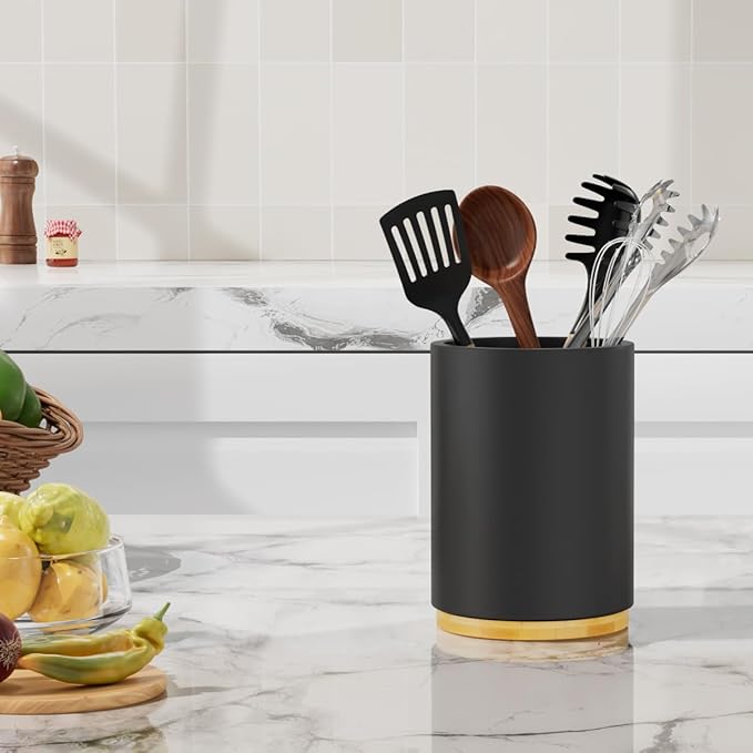Black Utensil Holder Wood Kitchen Utensil Holder for Countertop, 360°Rotating Cooking Utensil Crock for Counter, 7.2" Large Utensil Organizer for Spatula Kitchen Decor - Image 7