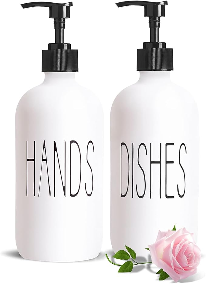 COHOSEGE 16 Oz Glass Soap Dispenser Set 2 Pack for Kitchen Sink,Contains Hand and Dish Soap Dispenser,White Kitchen Utensils - Image 8