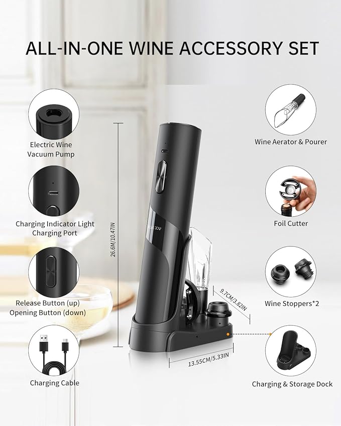 CIRCLE JOY Rechargeable Wine Opener Electric Wine Bottle Opener 7-in-1 Wine Gift Set with Electric Vacuum Pump, Charging Station, Foil Cutter, Wine Aerator Pourer and 2 Wine Stoppers - Image 8