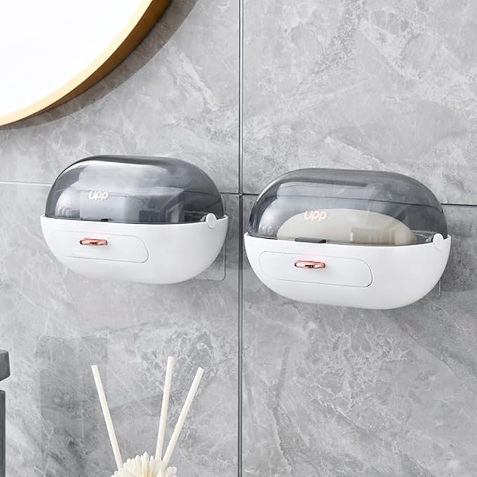 1Pc Shower Soap Dish Holder with Lid, Bar Soap Holder with Drain, Wall Mounted Soap Box Container for Shower, Bathroom, Bathtub, Kitchen Sink, Adhesive Included