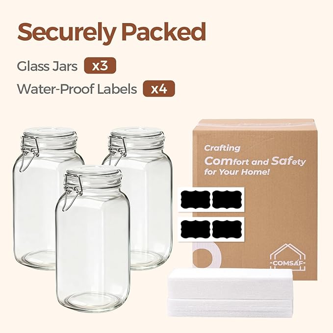 ComSaf 3-Pack 78oz Large Square Airtight Glass Jars for Bulk Food, Holds a 4lb Bag of Sugar or 5lb of Rice, Wide Mouth Canister for Flour, Coffee & Pantry Organization - Image 8