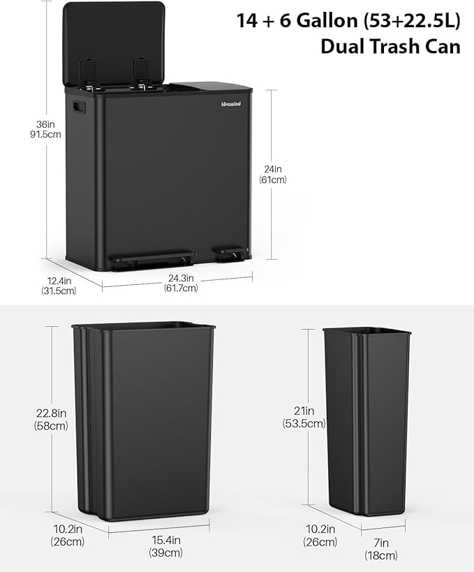 Lovewind Dual Trash Can, 14 + 6 Gallon Garbage Can for Kitchen Dual Compartment Recycling Kitchen Step Trash Bin, Stainless Steel Trash and Recycle Bin Combo with Soft-Close Lid, Black - Image 7