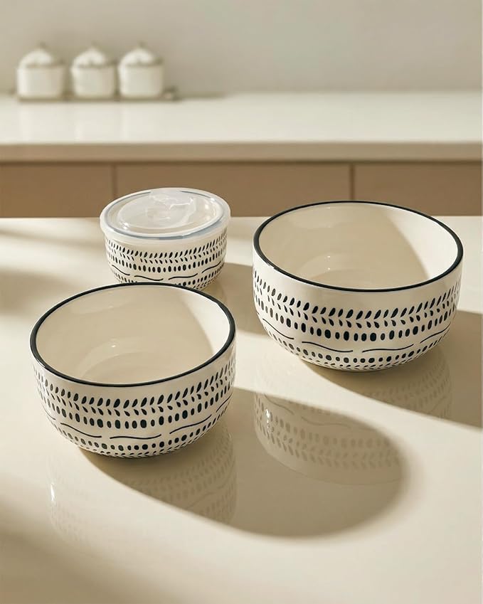 Metahom Ceramic Bowls with Lids Set of 3, Nesting Bowls for Food Storage, Meal Prep, Ceramic Bowls for Kitchen, Microwave & Dishwasher Safe, 29+17+11 Oz - Image 6