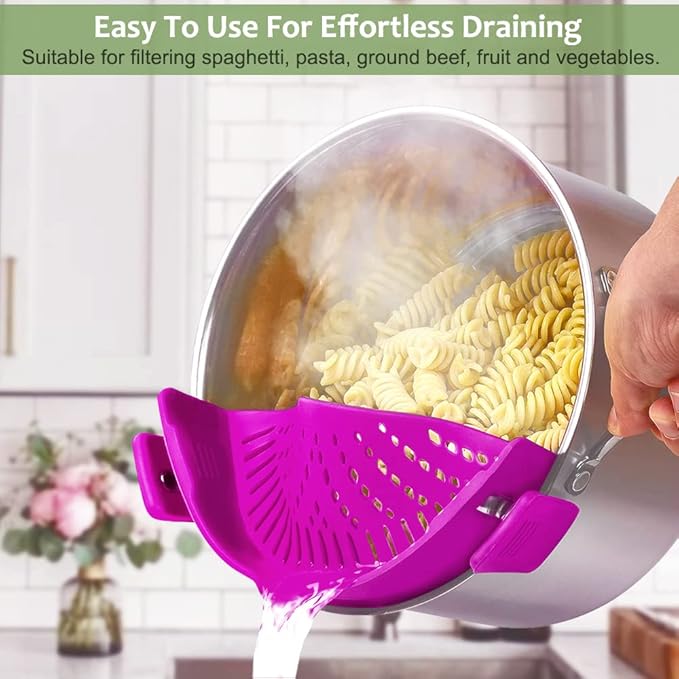 YEVIOR Clip on Strainer for Pots Pan Pasta,Silicone Food Strainer Hands-Free Pan Strainer, Clip-on Kitchen Food Strainer for Spaghetti, Pasta, Ground Beef Fits All Bowls and Pots (Purple) - Image 6