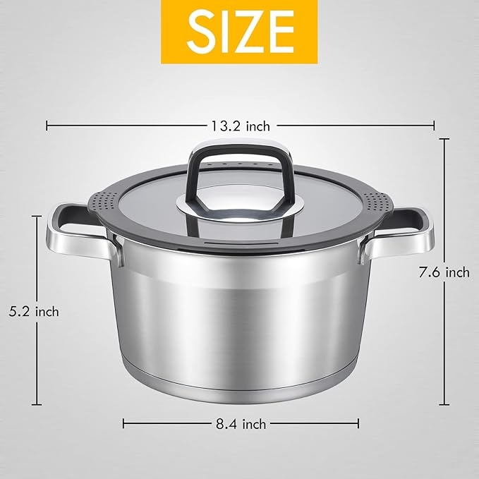 MARSKITOP 5 Quart Stock Pot with Lid, 18/8 Stainless Steel Pasta Pot with Strainer Lid, Heavy Duty Soup Pot with Anti-Hot Handle, Suitable for All Stovetops, Dishwasher Safe