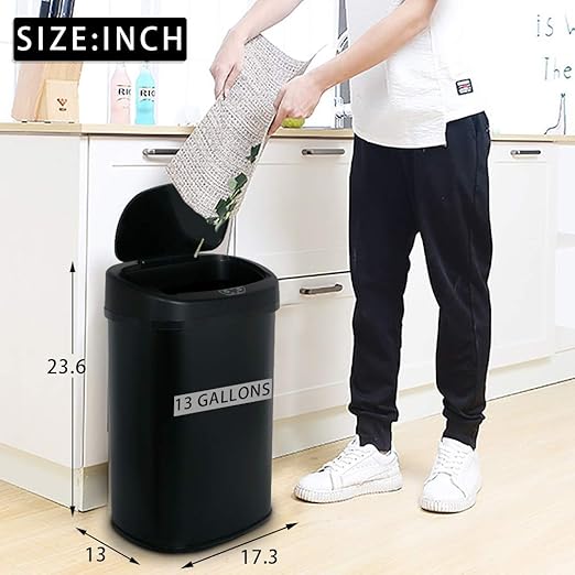 Dkeli Kitchen Trash Can for Bathroom Bedroom Home Office Automatic Touch Free High-Capacity Garbage Can with Lid Brushed Stainless Steel Waste Bin 13 Gallon / 50L - Black