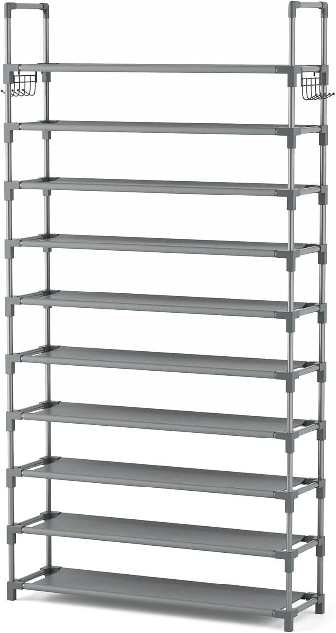 VTRIN 10 Tiers Shoe Rack Tall Large Capacity Wide Shoe Organizer Sturdy Shoe Shelf for Entryway with Two Hooks Metal Shoe Storage for Closet, Bedroom, Grey - Image 8
