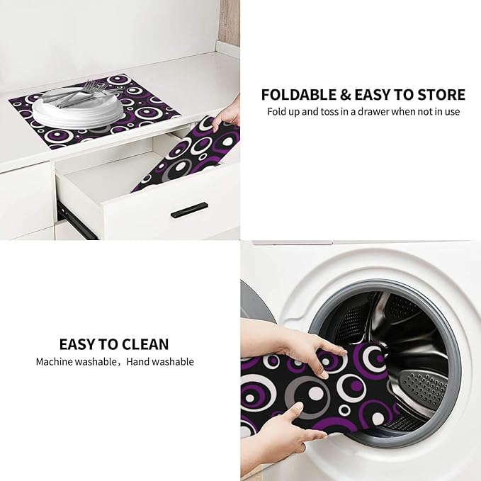 Purple White and Black Circle Pattern Dish Drying Mat, Absorbent Microfiber Decorative Kitchen Counter Mat, 16x18 inch Polyester, Absorption, Foldable, for Dishes Utensils Small Appliances, Home Decor