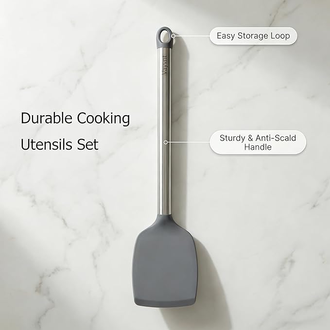 Vayvnt 4 PCS Cooking Utensils Set, Silicone Kitchen Spatula Set for Cooking, Non Toxic Silicone Kitchen Utensils with Stainless Steel Handle, Spoon and Turner, Heat Resistant&Dishwasher Safe, Gray