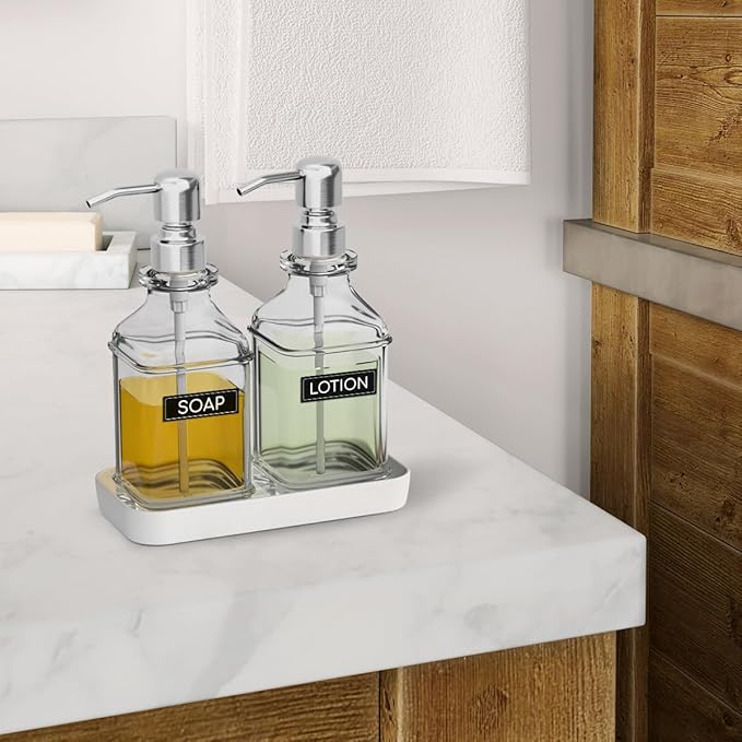 LMQML Soap Dispenser - 2 Pack, Antique Design Thick Glass Hand Soap Dispensers with Sturdy Tray; 304 Rust Proof Stainless Steel Silver Pump, 12Pcs Stickers, for Kitchen, Bathroom - Image 8