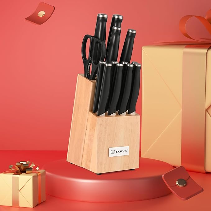 15-Piece Kitchen Knife Set with Block, ABS Ergonomic Handle for Chef Knife Set and Serrated Steak Knives Knife Sharpener and Kitchen Shears, Dishwasher Safe, Natural Block - Image 8