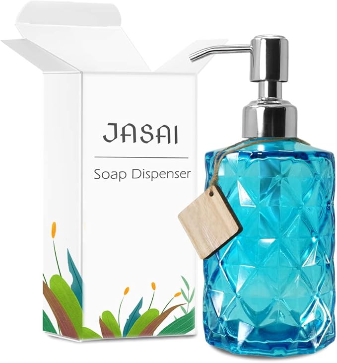JASAI Diamond Design Soap Dispenser with 304 Rust Proof Stainless Steel Soap Pump, 12 Ounce Kitchen Soap Dispenser for Bathroom, Hand Soap, Dish Soap (Clear Blue). - Image 8