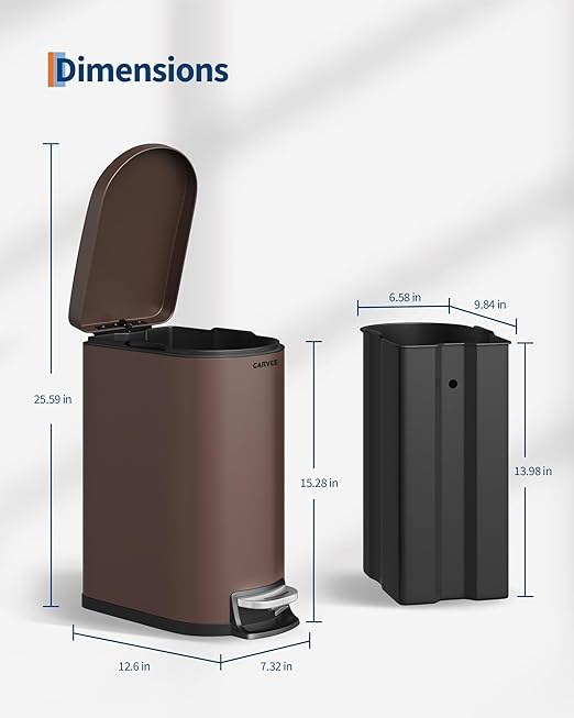 GarveeHome 13 Gal & 2.6 Gal Trash Can Combo Set, Kitchen Trash Can and Bathroom Trash Bin with Lid, Step-On Rustproof Garbage Bin with Inner Bucket, Brown - Image 8