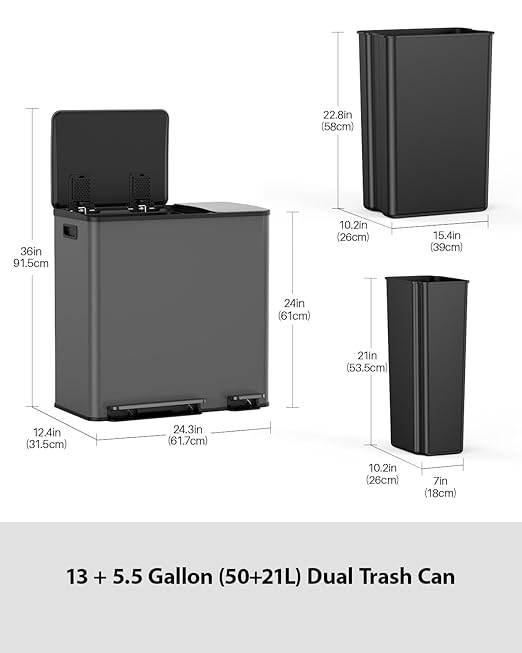 Lovewind Double Trash Can Kitchen, 13+5.5 Gallon Stainless Steel Dual Trash and Recycle Bin Combo with Silent Close Lid, Heavy-Duty Foot Pedal, Easy to Clean Garbage Can for Large Families, Grey