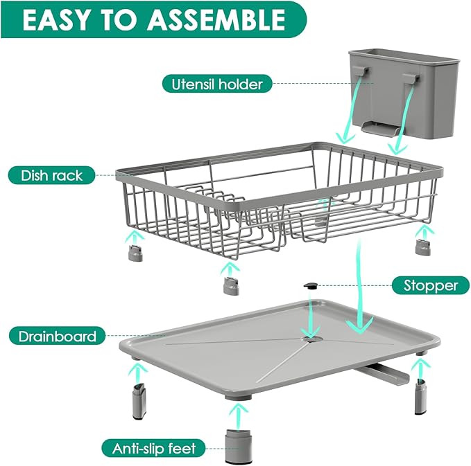 GAOKASE Dish Drying Rack, Stainless Steel-Dish Rack, Dish Racks for Kitchen Counter, Kitchen Dish Drainers with Removable Utensil Holder,New Drain Outlet,Plate Rack and Drainboard,(gray-11 W x 15" L) - Image 7