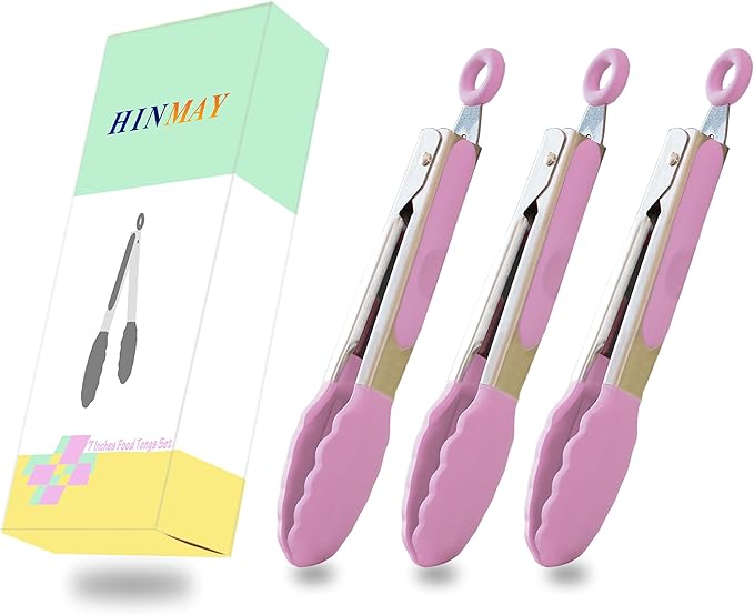 HINMAY Small Serving Tongs with Silicone Tips 7-Inch Mini Tongs, Set of 3 (Pink) - Image 7