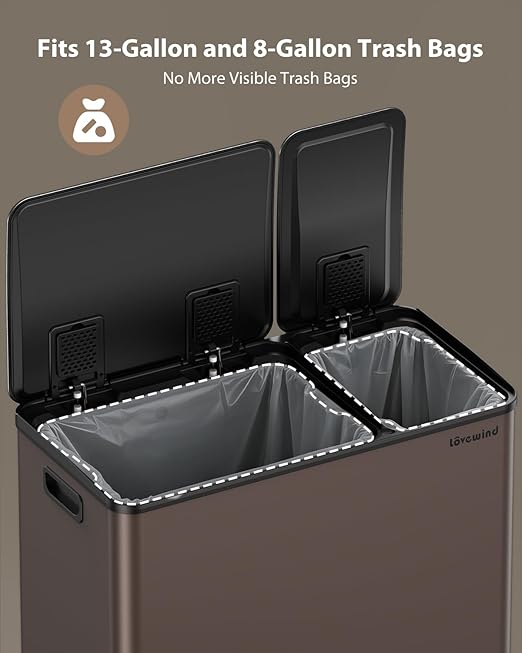 Dual Trash and Recycling Bins for Kitchen, 13.2 + 5.2 Gal (50+20L) Stainless Steel Trash and Recycle Bin Combo with Soft-Close Lid, Large Garbage Cans for Kitchen Home with 2 Magnets Sticker, Brown