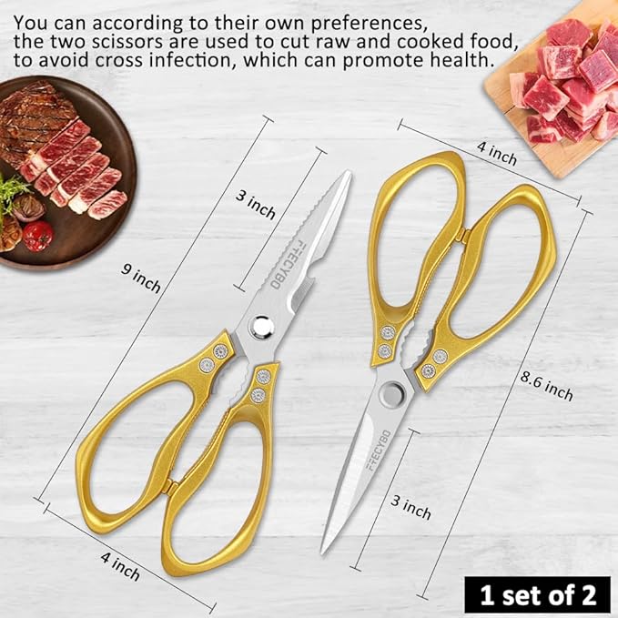 Kitchen Scissors, 2-Pack Multipurpose Kitchen Shears with Comfort Grip, Stainless Steel Cooking Scissors for Cutting Chicken, Meat, Food, Fish, Bread (Golden)