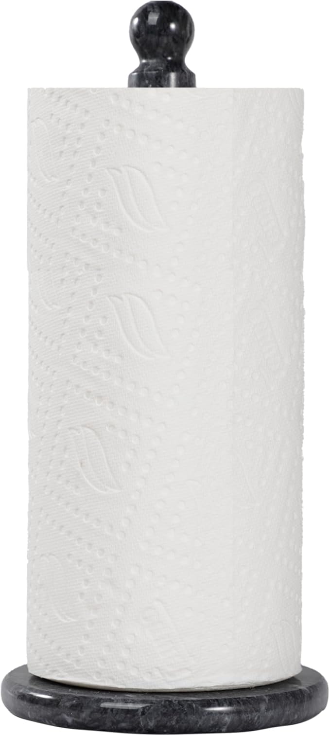 Natural Marble Paper Towel Holder for Kitchen Countertop - 2.6 lbs Heavy Duty Weighted Base for One-Handed Tearing -Fits Extra-Large & Jumbo Rolls - Elegant Modern Design with Ball Top - Black