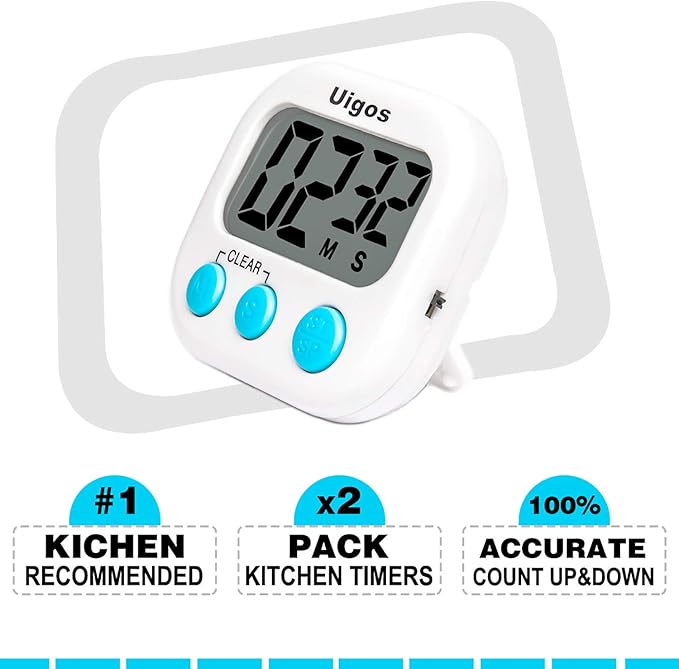 Uigos 2 Pack Digital Kitchen Timer II 2.0, Big Digits, Loud Alarm, Magnetic Backing, Stand, for Cooking Baking Sports Games Office (White) (2 Pack) - Image 6