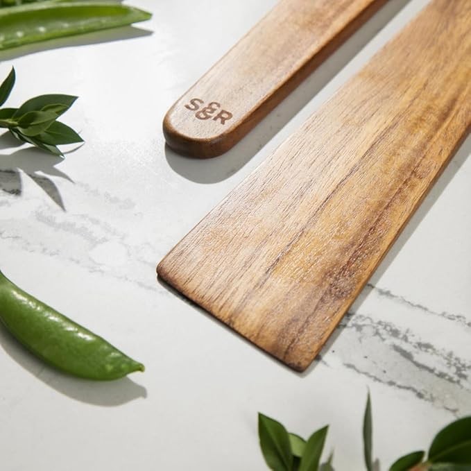 SLATE & ROYCE Wooden Spoon and Spatula Set, 2-Piece Non-Toxic Acacia Wood Cooking Utensils — Long Wooden Spoon for Cooking & Wood Spatula Scraper, Non-Stick, Cast Iron & Stainless Steel