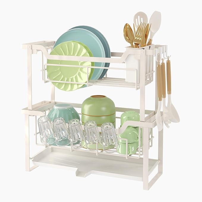 Dish Rack with Drainboard, Organizes Dishes and Bathroom Items for Narrow Spaces, Two-Story Drying Rack Fits 12 Plates 12 Bows 5 Glasses 4 Hooks and Some Cutlery, White - Image 7