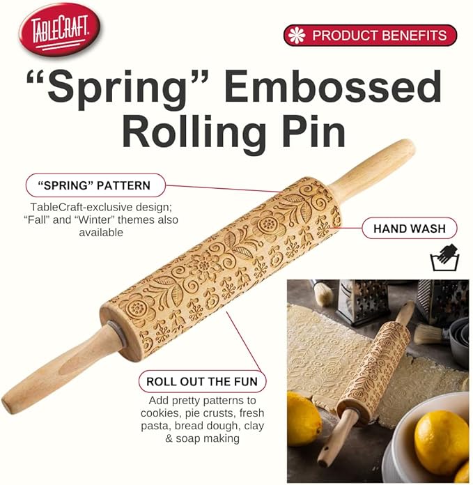 TableCraft Embossed Beech Wood Rolling Pin – 15.25 Inches, Fall Leaf Imprint for Seasonal Baking, Durable Wood Rolling Pin for Cookies, Pastries & Fondant, Autumn Carved Design, Handwash Recommended