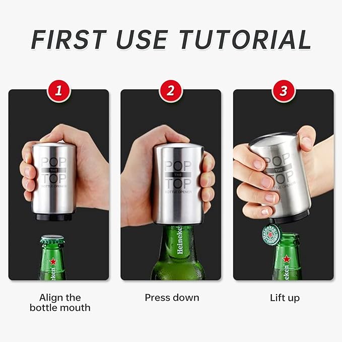 Pop The Top Bottle Opener, Automatic Beer Bottle Opener with Magnetic Cap Catcher, Push&Pop Stainless Steel One Handed Bottle Openers for Bar Kitchen Home Restaurant Beer Gift
