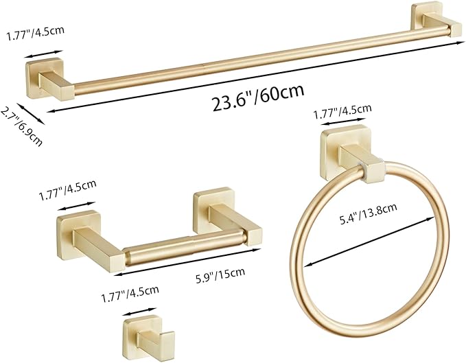 Brusehd Light Gold Bathroom Hardware Set 4 Pieces,Bathroom Accessories Set Stainless Steel Wall Mounted, Hand Towel Bar, Towel Ring, Robe Towel Hooks,Toilet Paper Holder,Towel Bar Set, 23.6 Inch… - Image 7