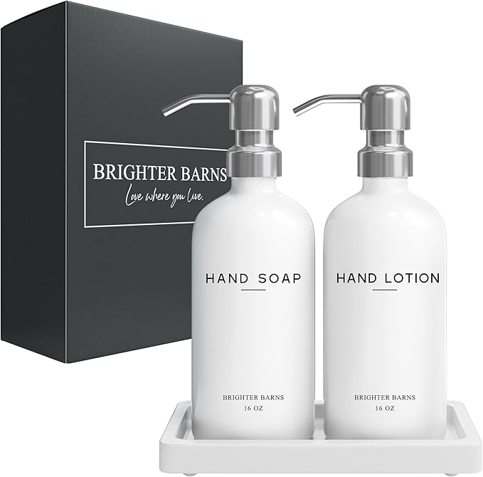 White Glass Soap and Lotion Dispenser Set by Brighter Barns - Bathroom Soap Dispenser Set Tray - Liquid Hand Soap Dispenser Pump - Modern Bathroom Accessories for Guest, Hotel, Spa, Restaurant (White) - Image 8