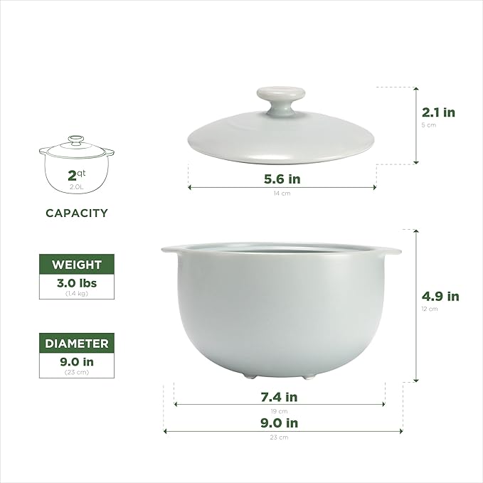 MINH LONG 2-Qt Porcelain Dutch Oven with Lid – Lead & Cadmium Free, Oven Safe to 482°F, Heat Retention, Clay Pot for Cooking on Gas & Infrared Cooktop, Use to Marinate, Cook, Bake, Refrigerate & Serve