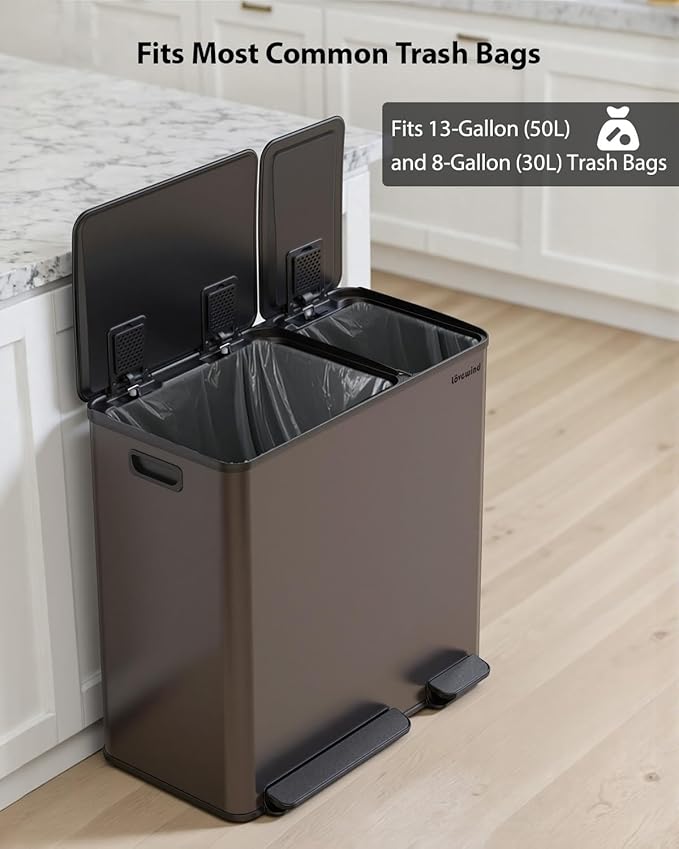 Lovewind Dual Trash Can, 14 + 6 Gallon Garbage Can for Kitchen Dual Compartment Recycling Kitchen Step Trash Bin, Stainless Steel Trash and Recycle Bin Combo with Soft-Close Lid, Brown - Image 7
