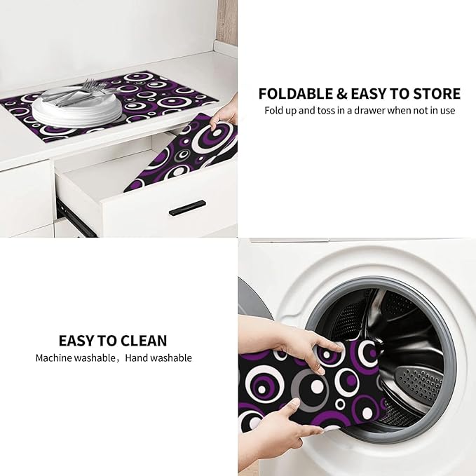 Purple Black White Geometric Circle Pattern Dish Drying Mat for Kitchen Counter, 18x24 inch Absorbent Reversible Microfiber Kitchen Countertop Protector Dishes Drying Pad for Dishes, Sink, Coffee Bar
