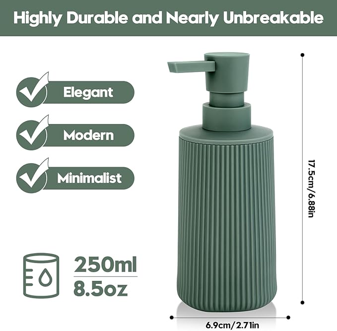 Small Soap Dispenser for Bathroom and Kitchen, Modern Farmhouse Striped Style Plastic Hand Soap Dish Soap Dispenser with Pump Matte Green - Image 6