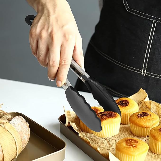 HINMAY Mini Tongs with Silicone Tips 7-Inch Kitchen Tongs, Set of 3 (Black) - Image 7