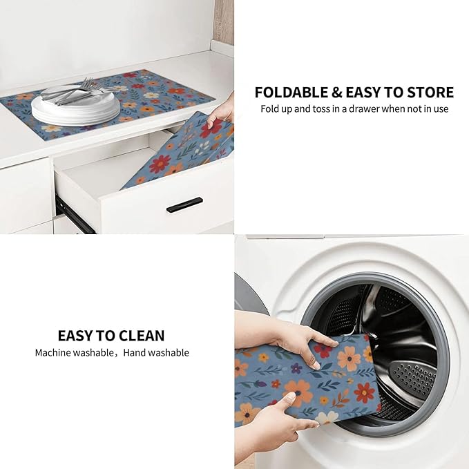 Blue Wildflowers Dish Drying Mats for Kitchen Counter, Large 18"x24" Dish Mats for Drying Dishes, Microfiber Absorbent Dish Drying Pad Rack Mat Kitchen Decor Reusable Washable